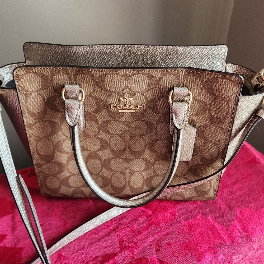 COACH SIGNATURE PLATINUM  KHAKI LEAH SATCHEL CROSSBODY BAG PURSE IN GOLD